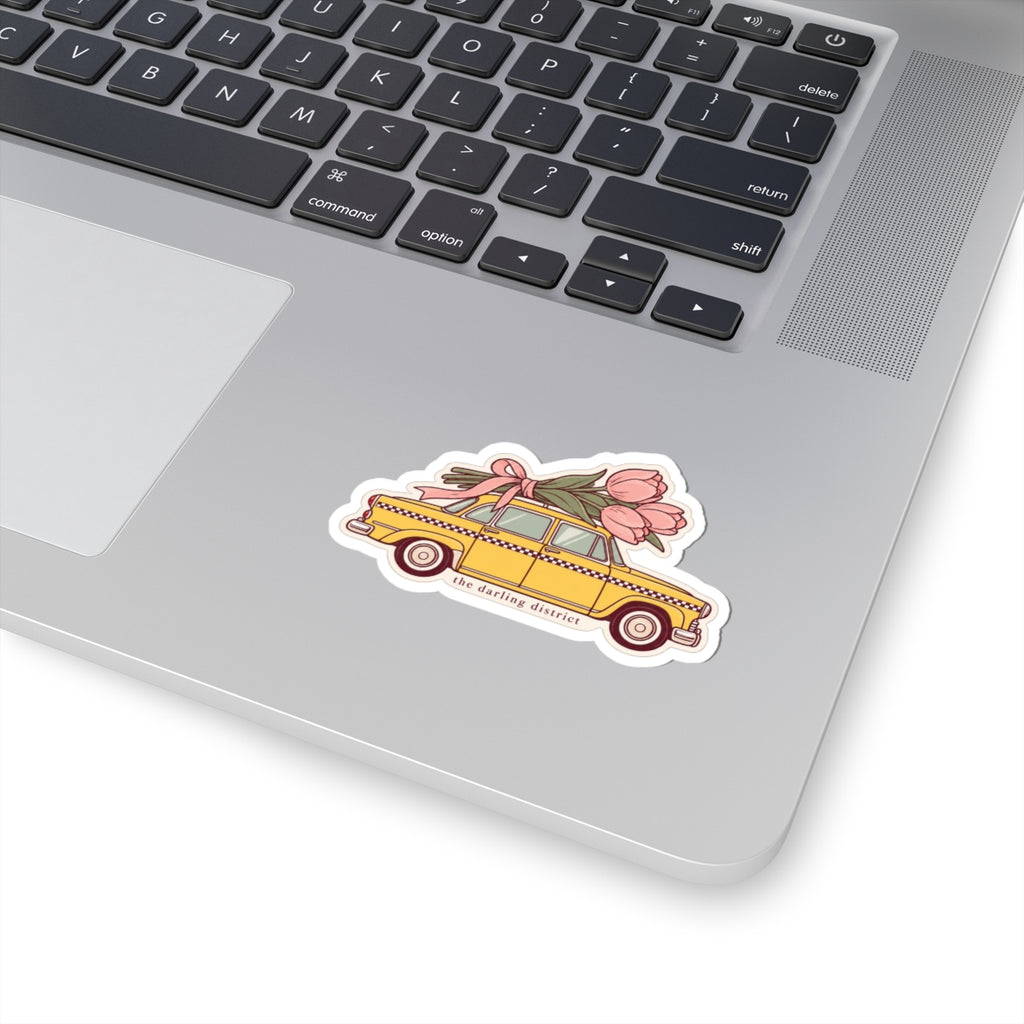 The Darling District Vintage Taxi Tulip Bouquet Kiss-Cut Sticker